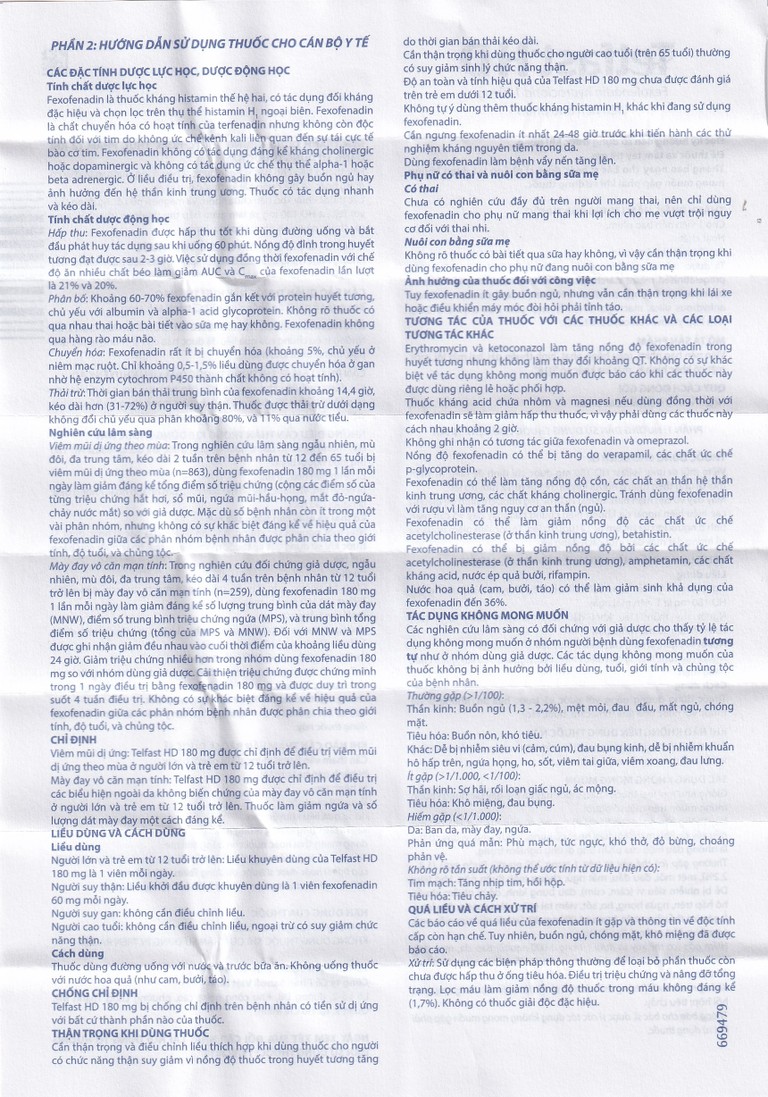 Thuốc Telfast HD 180mg Sanofi điều trị viêm mũi dị ứng, mày đay (1 vỉ x 10 viên)