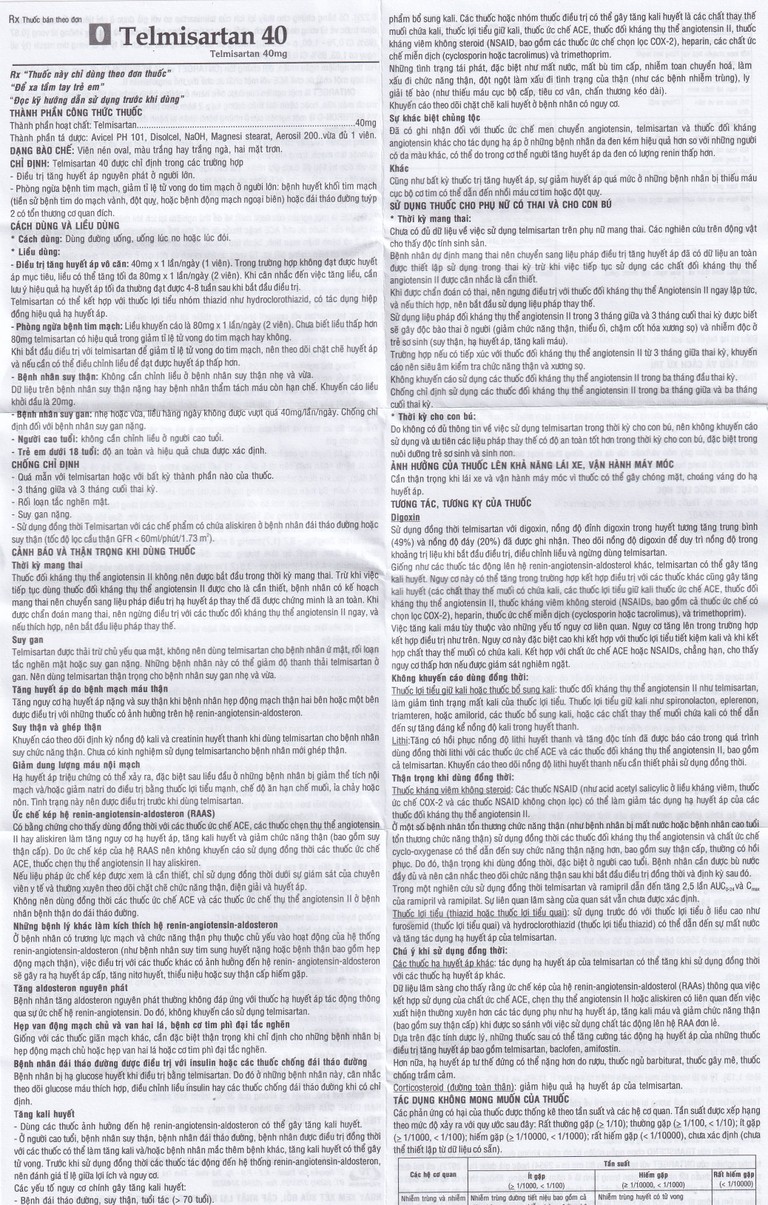 Thuốc Telmisartan 40 TV.Pharm điều trị tăng huyết áp (3 vỉ x 10 viên)