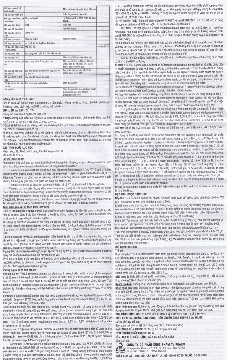 Thuốc Telmisartan 40 TV.Pharm điều trị tăng huyết áp (3 vỉ x 10 viên)