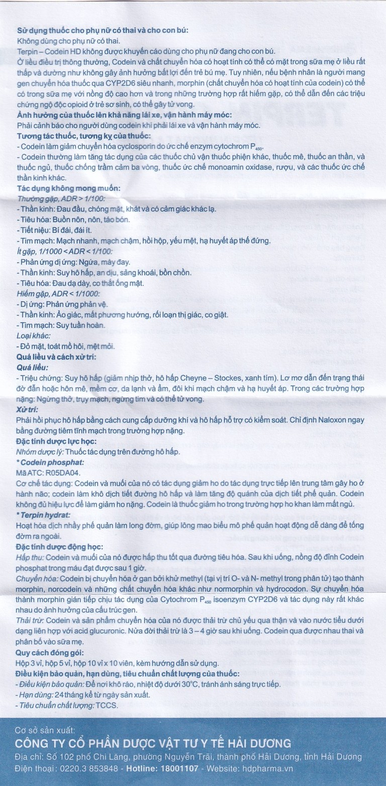 Thuốc Terpin-codein HD Hdpharma điều trị triệu chứng ho khan hoặc kích ứng (5 vỉ x 10 viên)