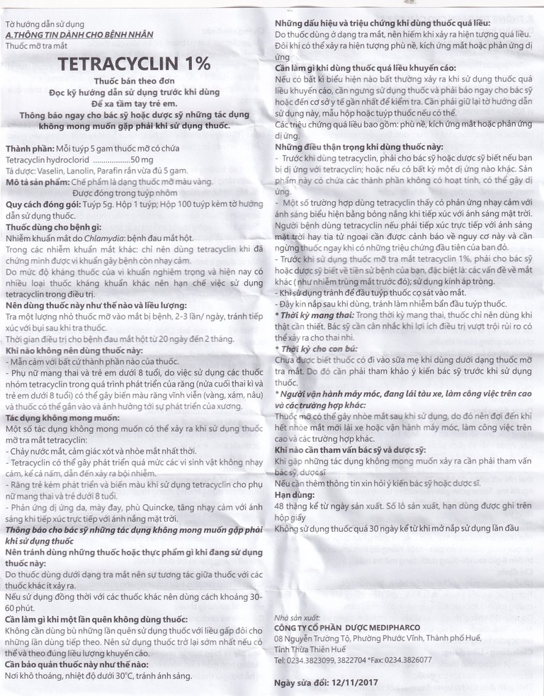 Thuốc mỡ tra mắt Tetracyclin 1% Medipharco điều trị đau mắt hột (5g)