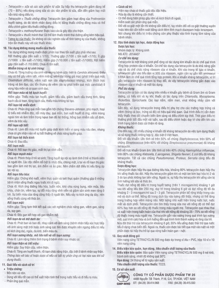 Thuốc  Tetracyclin 500mg Uphace điều trị nhiễm khuẩn đường hô hấp (10 vỉ x 10 viên)