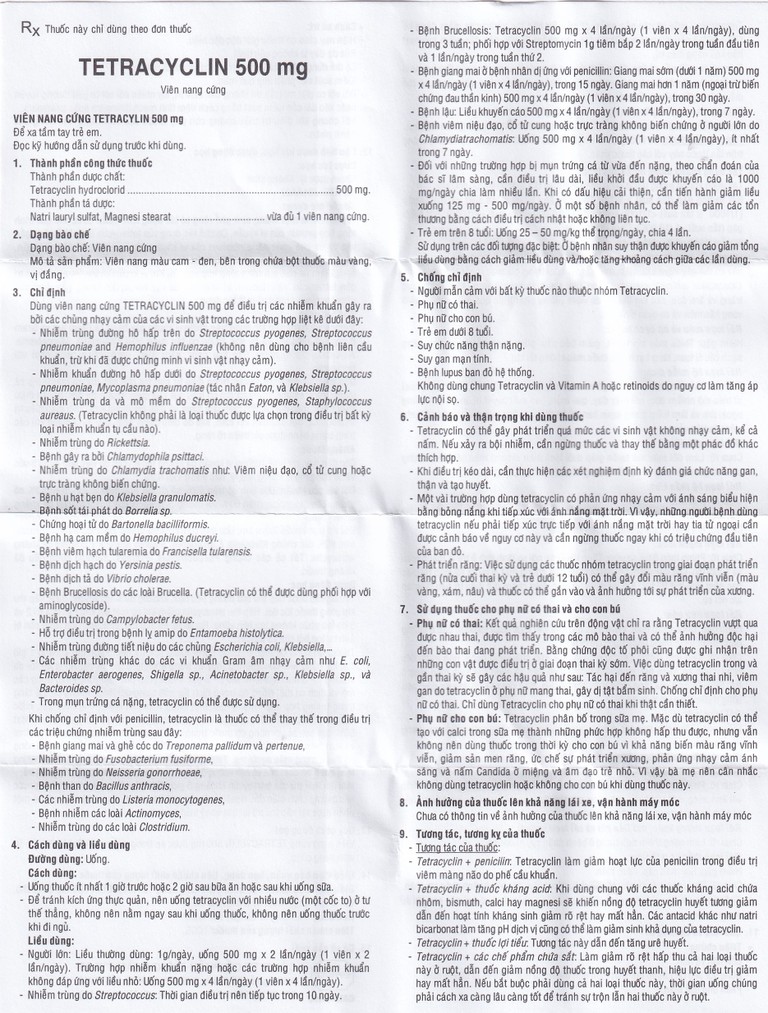 Thuốc  Tetracyclin 500mg Uphace điều trị nhiễm khuẩn đường hô hấp (10 vỉ x 10 viên)