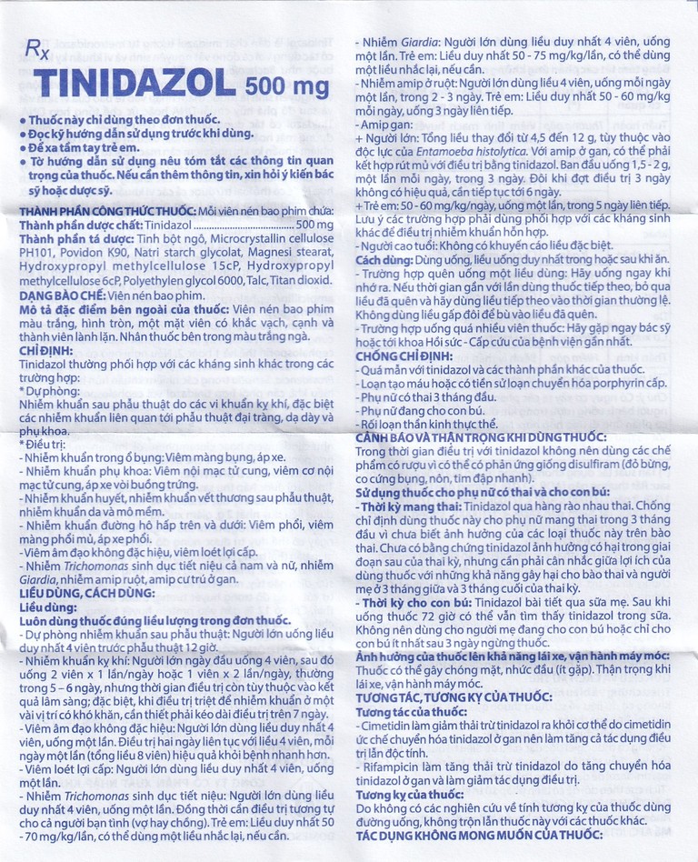 Thuốc Tinidazol 500mg Domesco dự phòng nhiễm khuẩn sau phẫu thuật (1 vỉ x 4 viên)