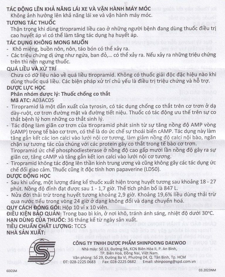 Thuốc Tiram 100mg Shinpoong Deawoo điều trị co thắt dạ dày ruột (10 vỉ x 10 viên)