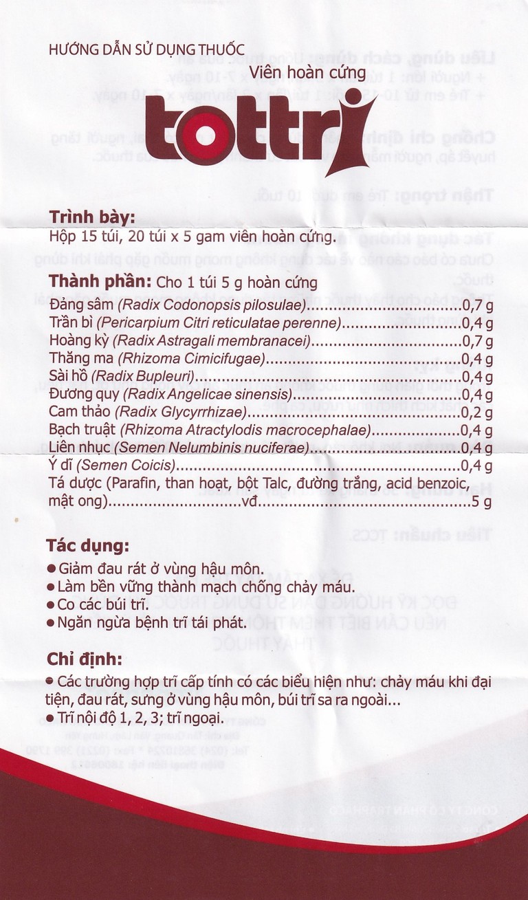 Thuốc Tottri Traphaco điều trị chảy máu khi đại tiện, đau rát (15 túi x 5g)