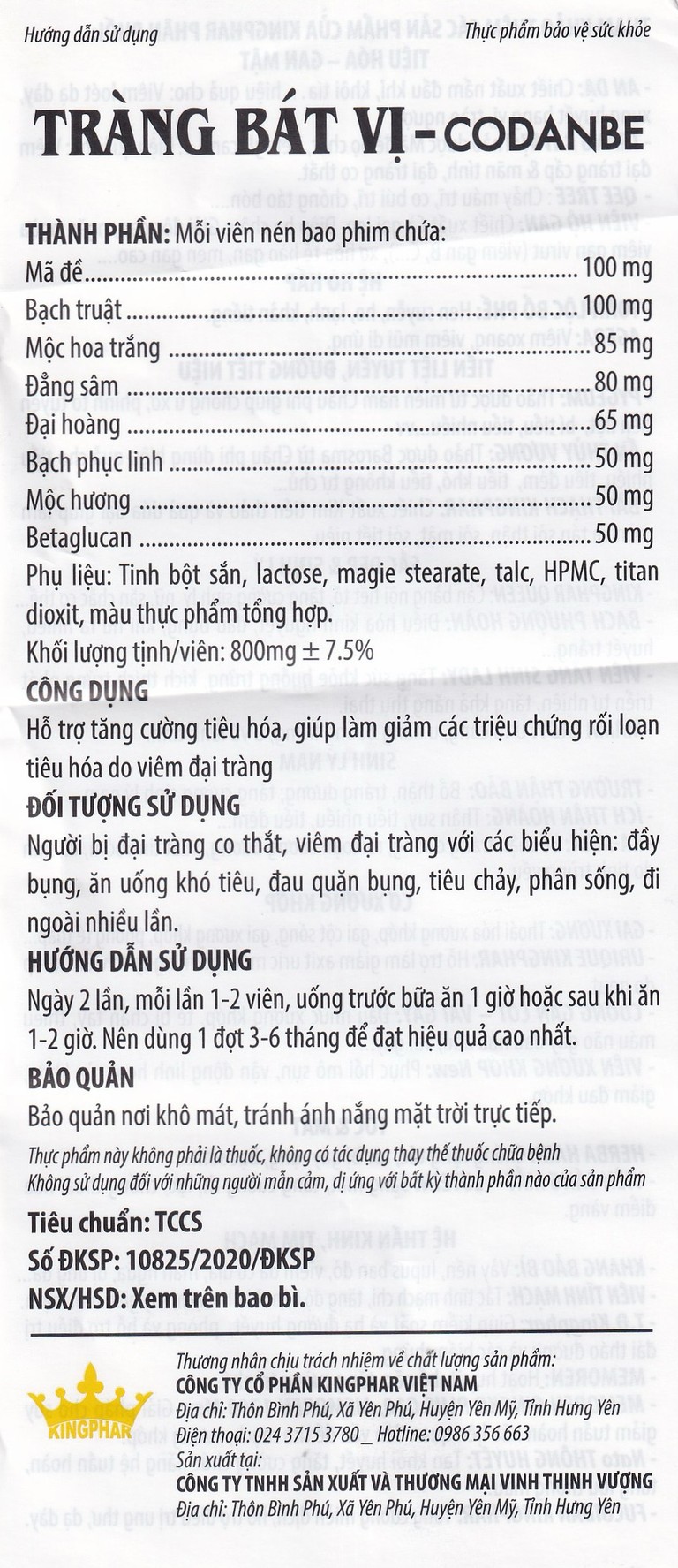 Viên uống Tràng Bát Vị-Codanbe Kingphar hỗ trợ tăng cường tiêu hóa, giảm rối loạn tiêu hoá do viêm đại tràng (60 viên)