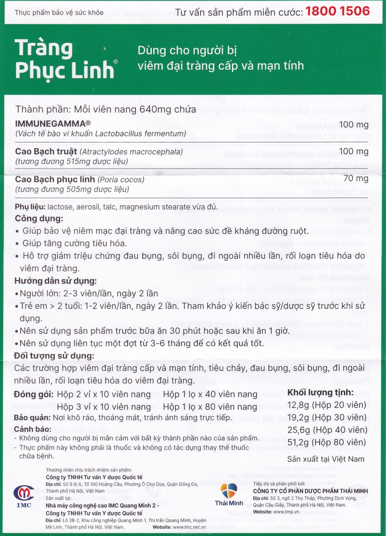 Viên uống Tràng Phục Linh Thái Minh dùng cho người bị viêm đại tràng cấp và mạn tính (2 vỉ x 10 viên)