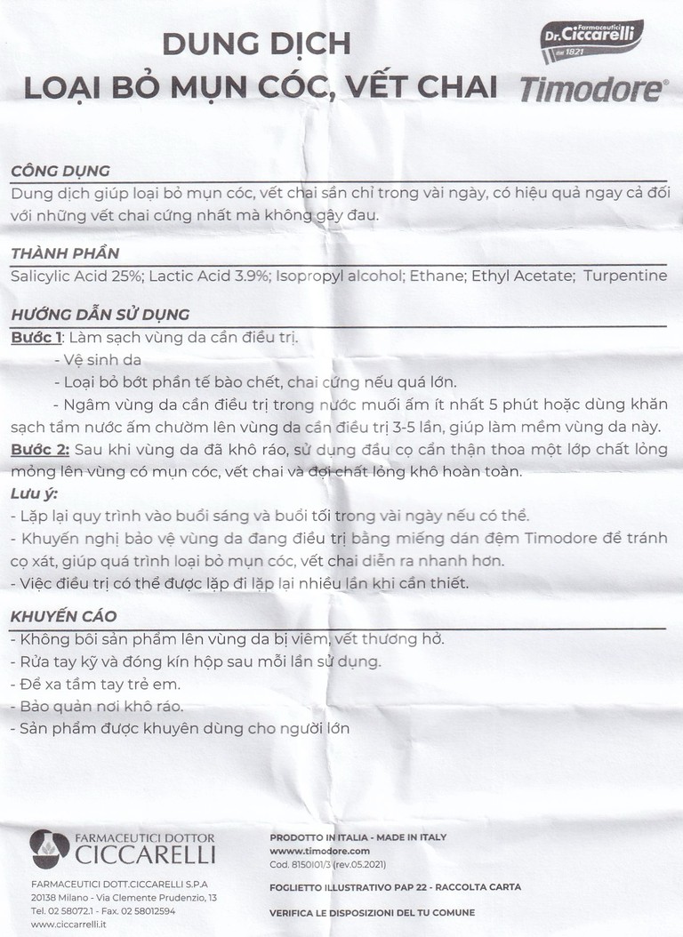 Dung dịch Timodore Liquido Callifugo Ciccarelli trị mụn cóc, vết chai (12ml)