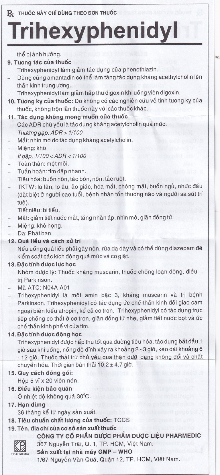 Thuốc Trihexyphenidyl Pharmedic điều trị phụ trợ hội chứng Parkinson (5 vỉ x 20 viên)