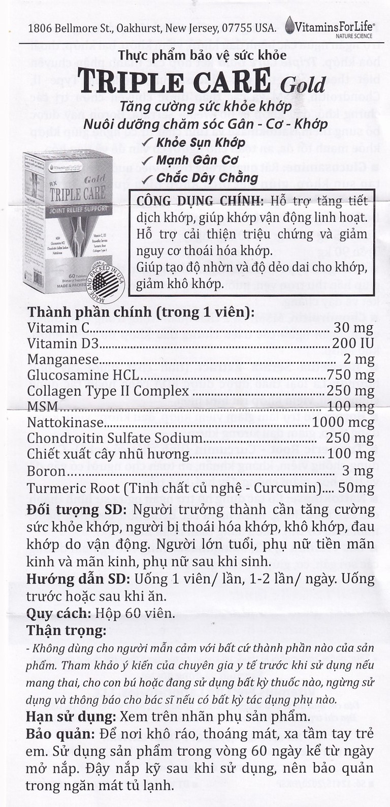 Viên nang cứng Triple Care Gold Vitamins For Life Hỗ trợ tăng tiết dịch khớp, giảm thoái hóa khớp (60 viên)