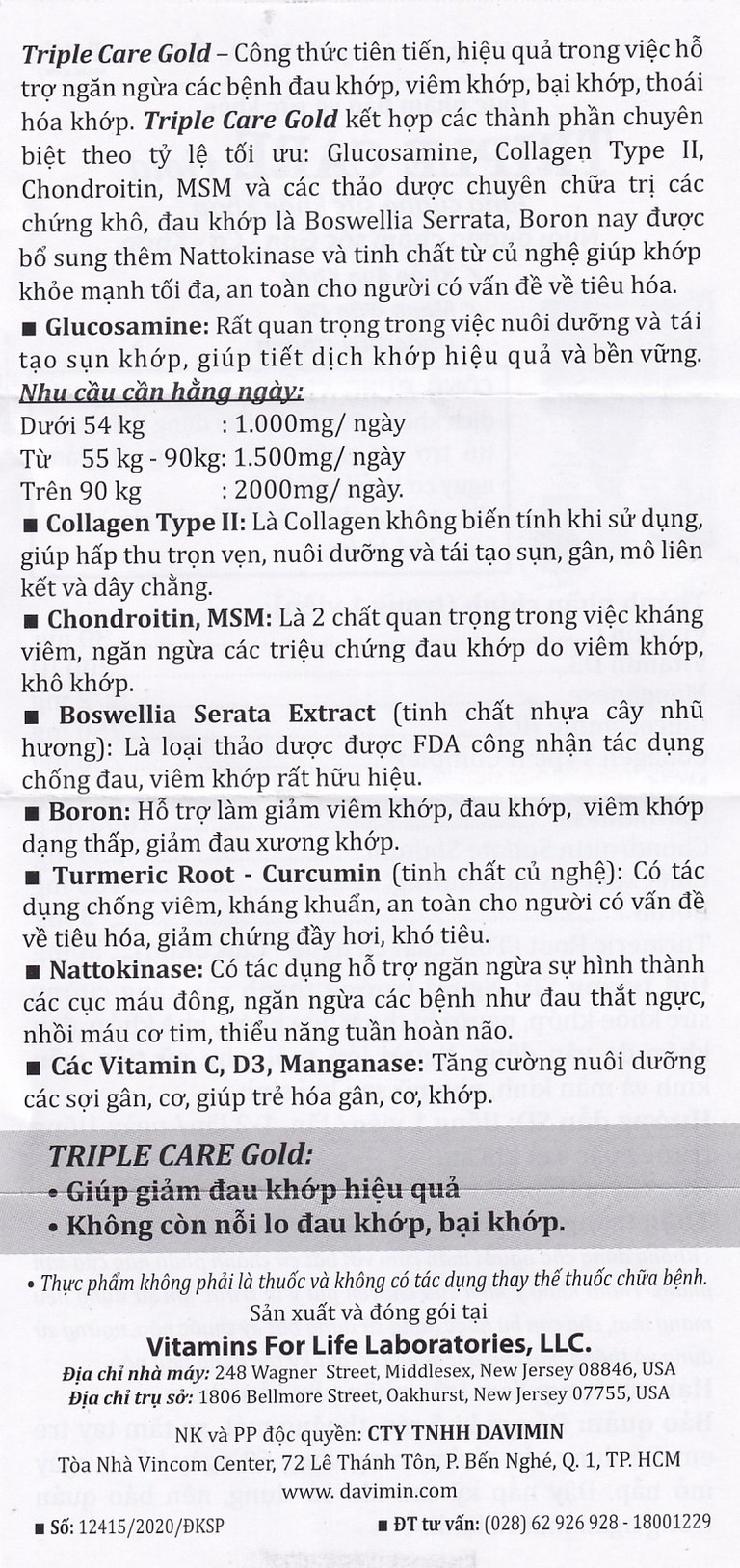 Viên nang cứng Triple Care Gold Vitamins For Life Hỗ trợ tăng tiết dịch khớp, giảm thoái hóa khớp (60 viên)