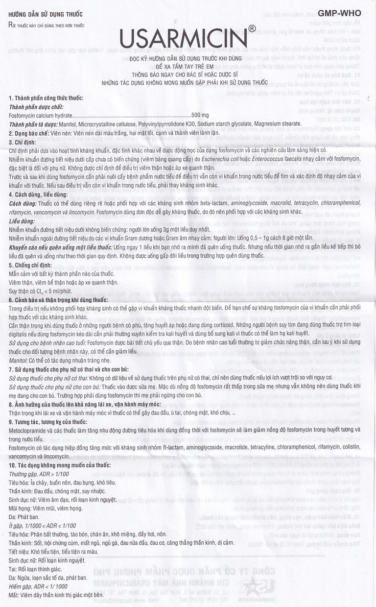 Thuốc Usarmicin Tablets 500 UsarichPharm điều trị nhiễm khuẩn đường tiết niệu (2 vỉ x 10 viên)