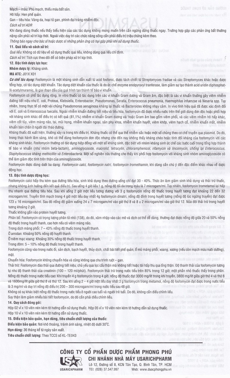 Thuốc Usarmicin Tablets 500 UsarichPharm điều trị nhiễm khuẩn đường tiết niệu (2 vỉ x 10 viên)