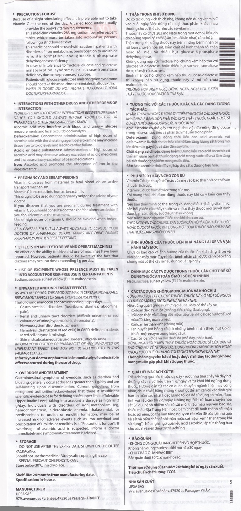 Viên sủi UPSA-C UPSA SAS hỗ trợ điều trị tình trạng thiếu hụt vitamin C (10 viên)