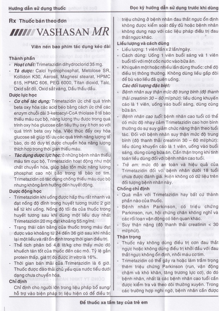 Thuốc Vashasan MR 35 Hasan điều trị đau thắt ngực (3 vỉ x 30 viên)
