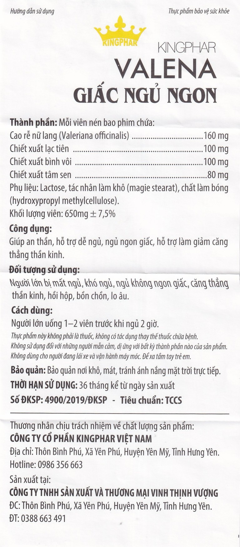 Viên uống Valena Kingphar giúp an thần, hỗ trợ dễ ngủ (4 vỉ x 10 viên)