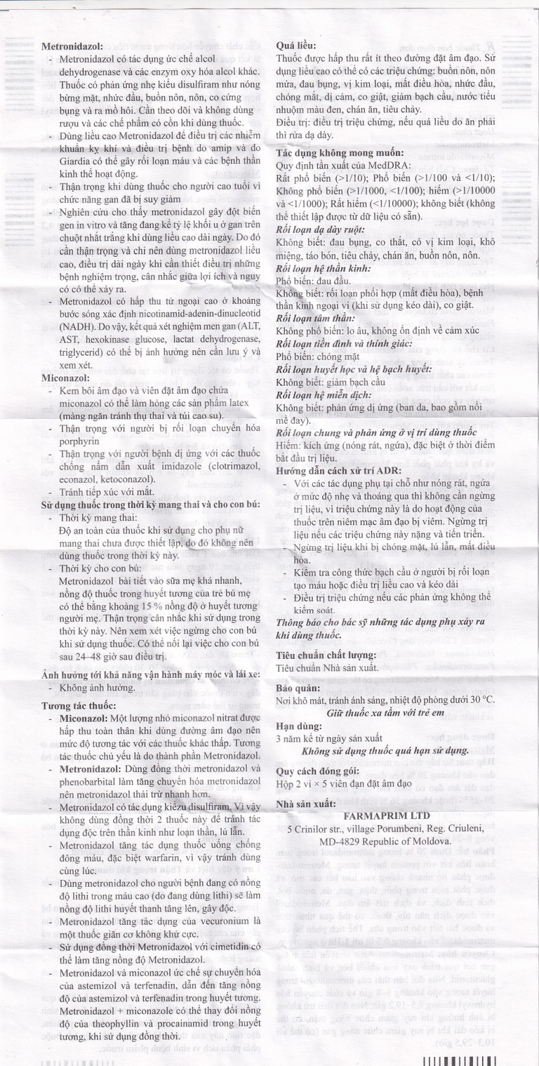 Viên đặt âm đạo Vanober Farmaprim điều trị viêm âm đạo khí hư, ngứa rát (2 vỉ x 5 viên)