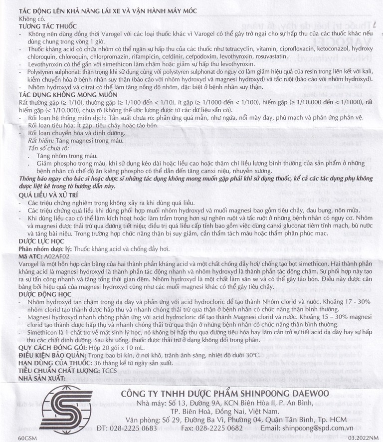 Hỗn dịch uống Varogel Shinpoong Deawoo điều trị viêm loét dạ dày, tá tràng (20 gói x 10ml)