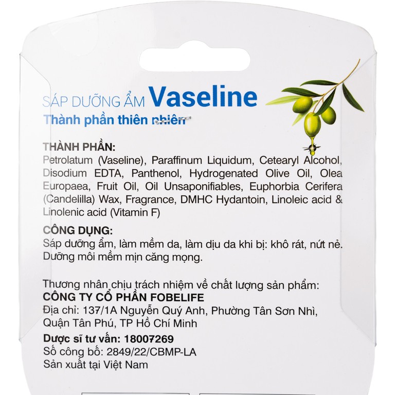 Sáp dưỡng ẩm Vaseline Fobelife làm mềm da, ngăn ngừa nứt nẻ (50g)