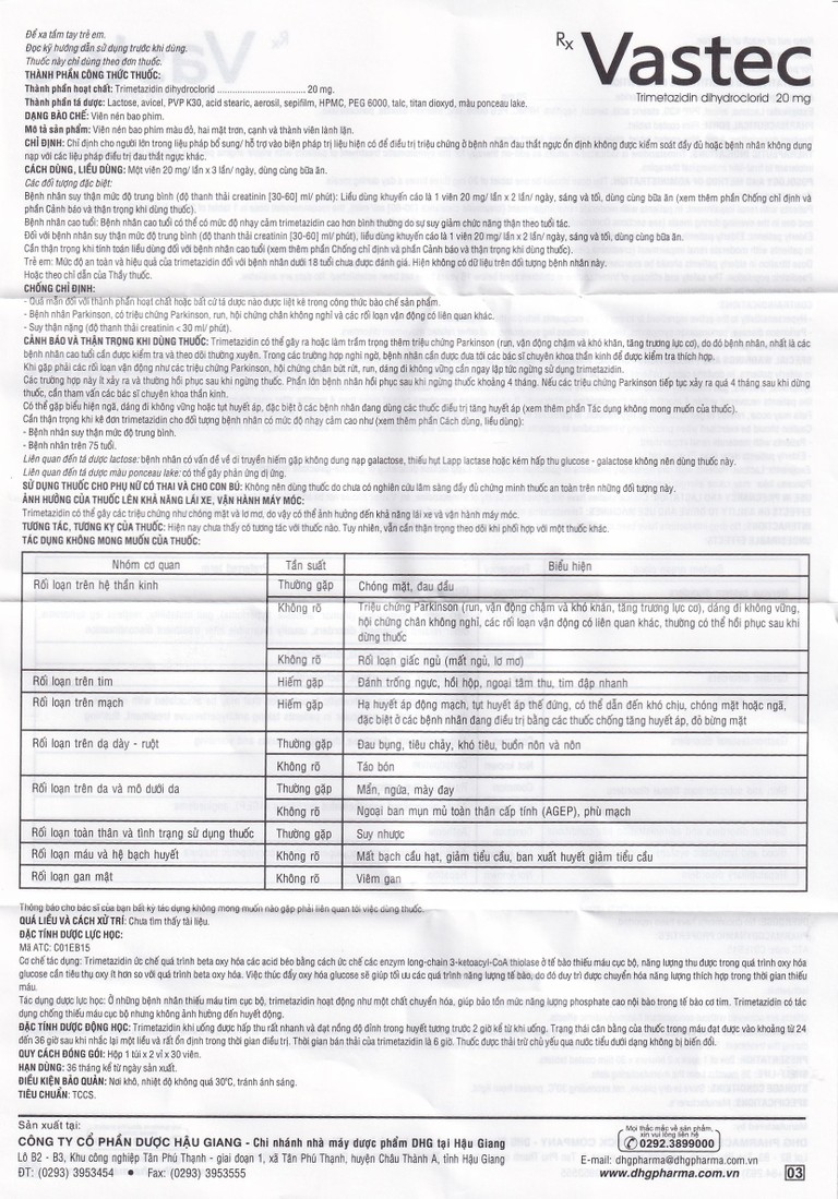 Thuốc Vastec DHG điều trị đau thắt ngực ổn định (2 vỉ x 30 viên)