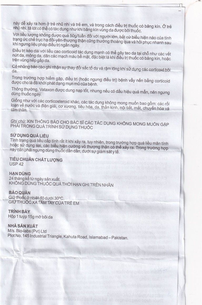 Thuốc mỡ bôi da Vataxon 15g M/s Bio-Labs điều trị ngắn ngày các bệnh da