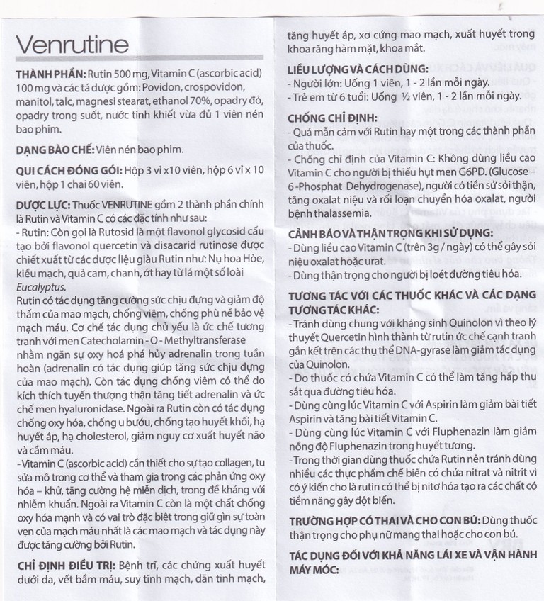 Thuốc Venrutine 500mg/100mg BRV điều trị bệnh trĩ, các chứng xuất huyết dưới da (3 vỉ x 10 viên)