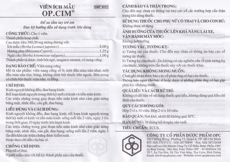 Viên ích mẫu OP.CIM OPC điều hòa kinh nguyệt (2 vỉ x 10 viên)