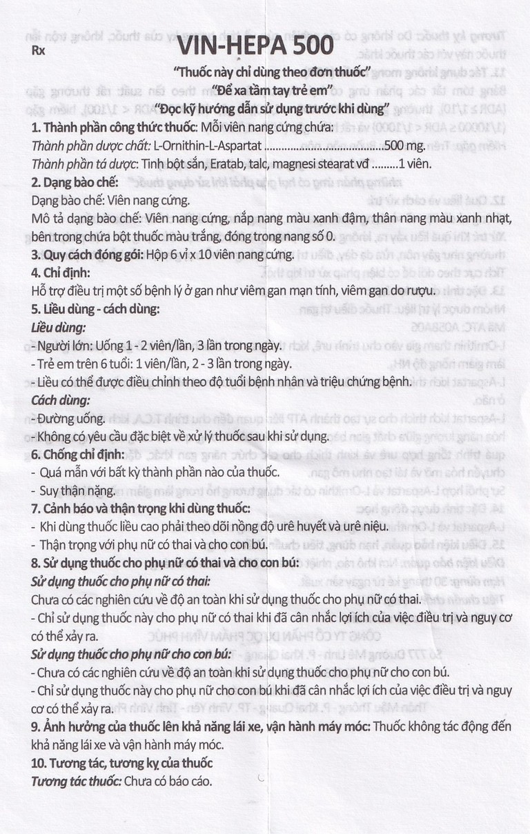 Thuốc Vin-Hepa 500 Vinphaco điều trị các bệnh lý ở gan (6 vỉ x 10 viên)