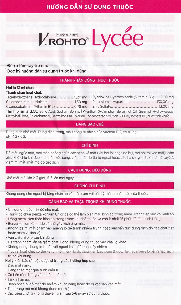 Thuốc nhỏ mắt V.Rohto Lycée 13ml điều trị đỏ mắt, ngứa mắt, mỏi mắt