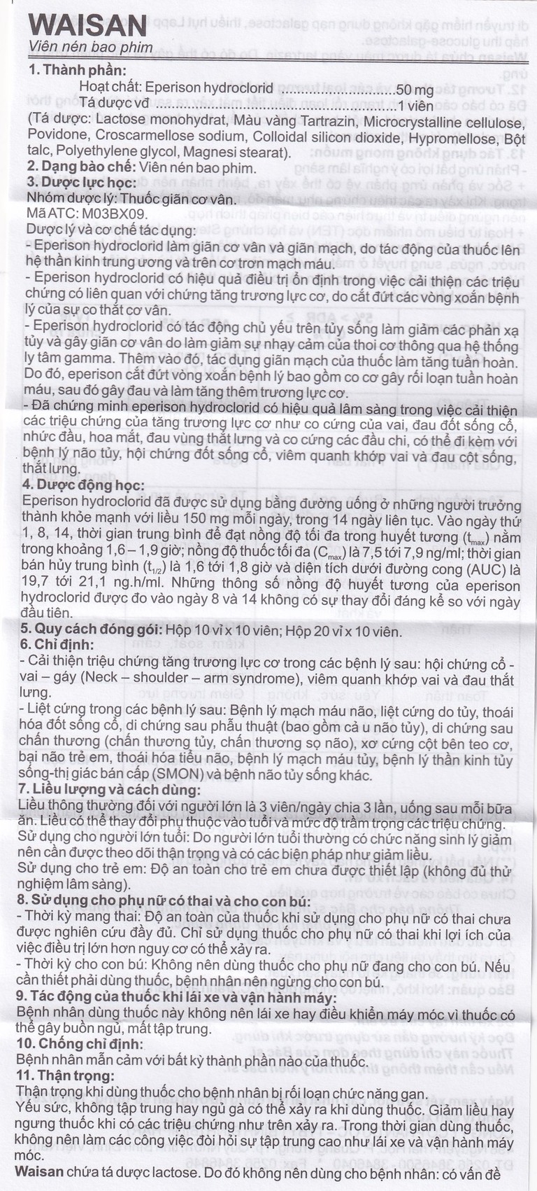 Thuốc Waisan 50mg Bidiphar cải thiện triệu chứng tăng trương lực cơ (10 vỉ x 10 viên) 