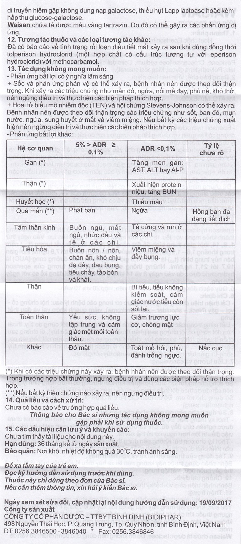 Thuốc Waisan 50mg Bidiphar cải thiện triệu chứng tăng trương lực cơ (10 vỉ x 10 viên) 