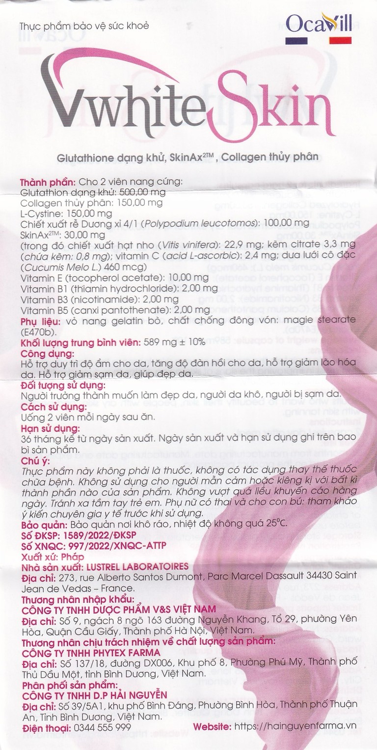 Thực phẩm bảo vệ sức khỏe VwhiteSkin hỗ trợ duy trì độ ẩm cho da, tăng độ đàn hồi cho da (30 viên)