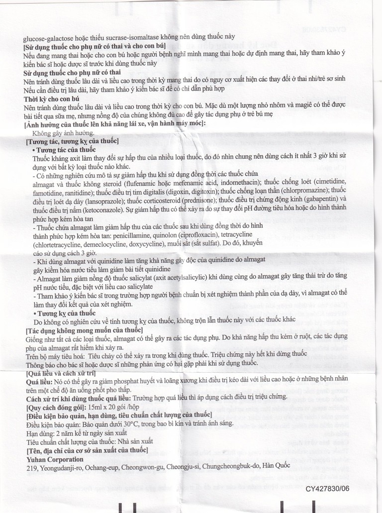 Hỗn dịch uống Yumangel Yuhan kháng acid và cải thiện loét dạ dày - tá tràng (20 gói x 15ml) 