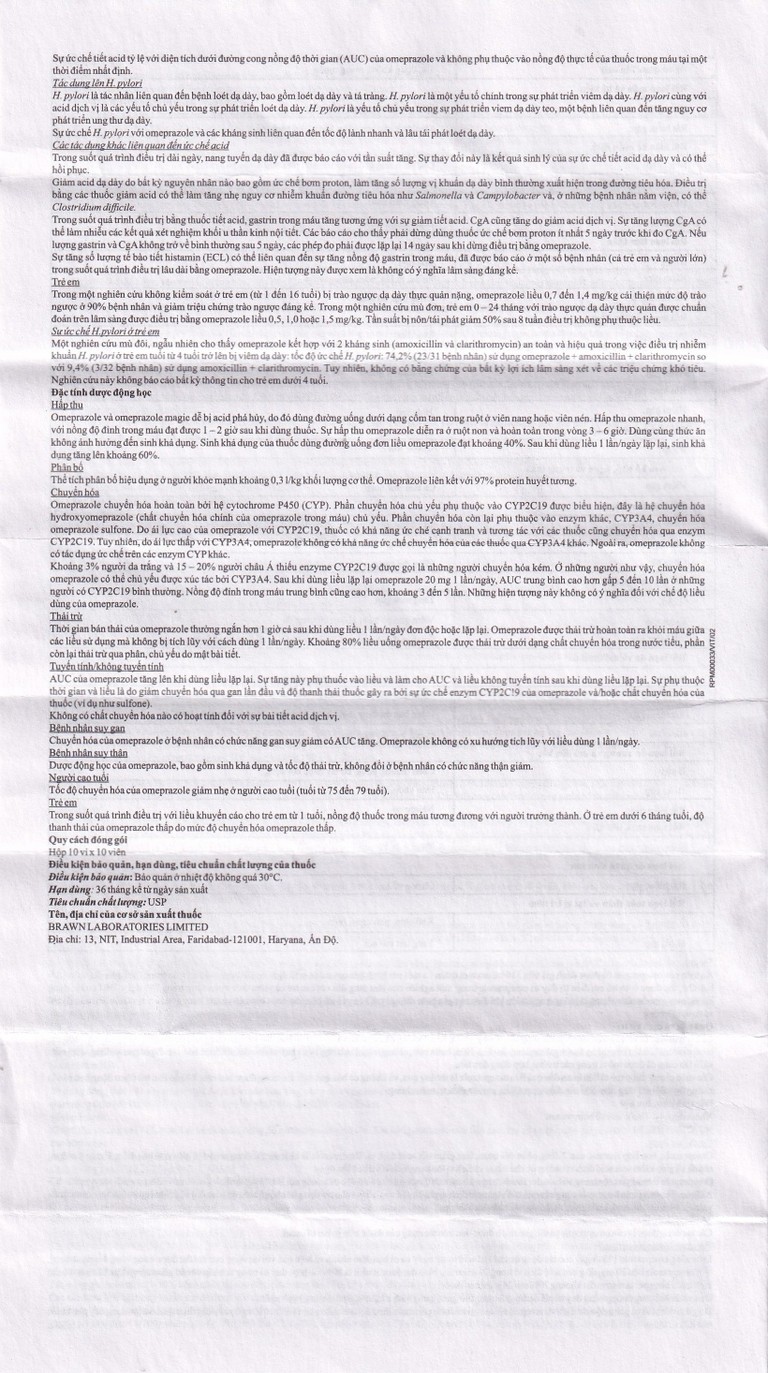 Viên nang Omeprazole Delayed Release Brawn điều trị loét dạ dày tá tràng (10 vỉ x 10 viên)