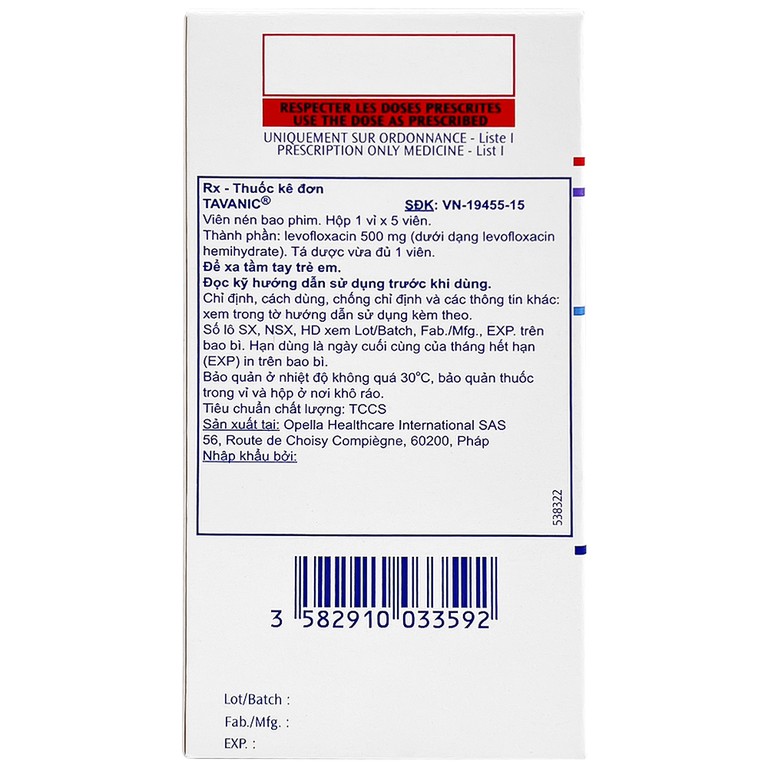 Thuốc Tavanic 500mg Sanofi điều trị nhiễm khuẩn do vi khuẩn (1 vỉ x 5 viên)