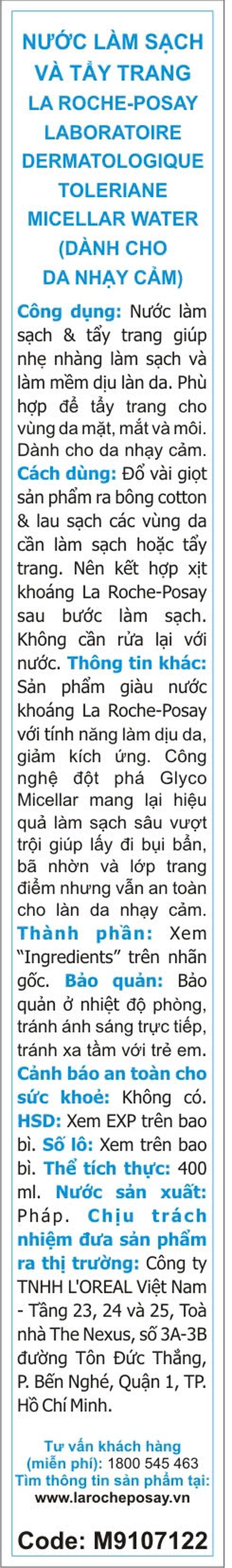 Nước tẩy trang La Roche-Posay Toleriane Eau Micellar làm sạch sâu cho da nhạy cảm (400ml)