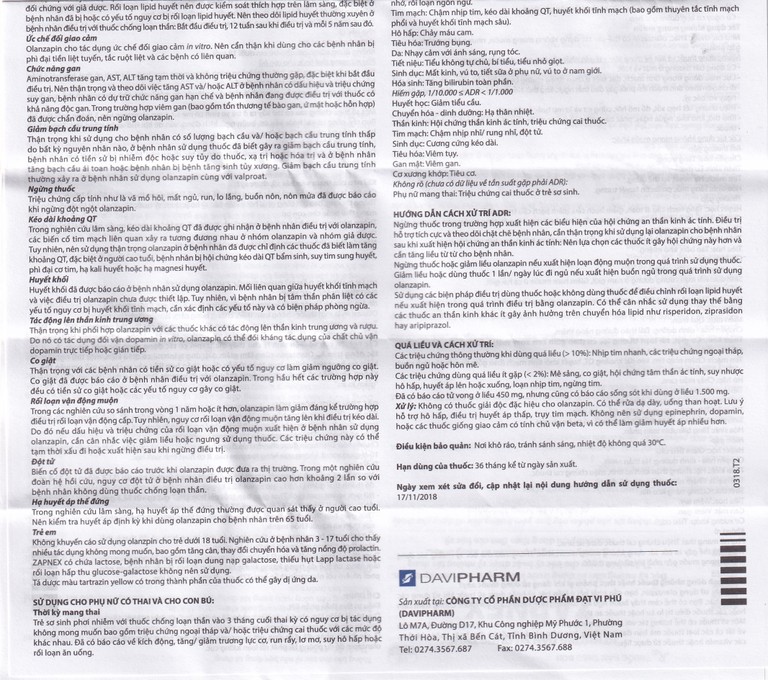 Thuốc Zapnex-10 DaviPharm điều trị tâm thần phân liệt (3 vỉ x 10 viên)