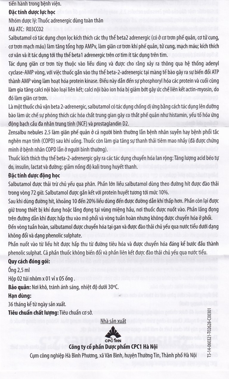 Thuốc Zensalbu 2.5mg CPC1HN kiểm soát co thắt phế quản mạn, điều trị hen nặng cấp tính (2 vỉ x 5 ống)