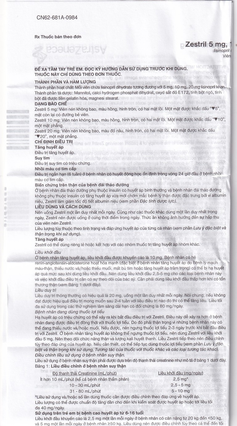 Thuốc Zestril 5mg AstraZeneca điều trị tăng huyết áp, suy tim (2 vỉ x 14 viên)