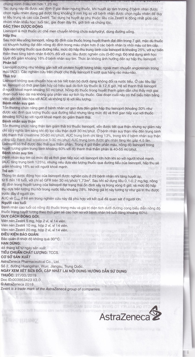 Thuốc Zestril 5mg AstraZeneca điều trị tăng huyết áp, suy tim (2 vỉ x 14 viên)
