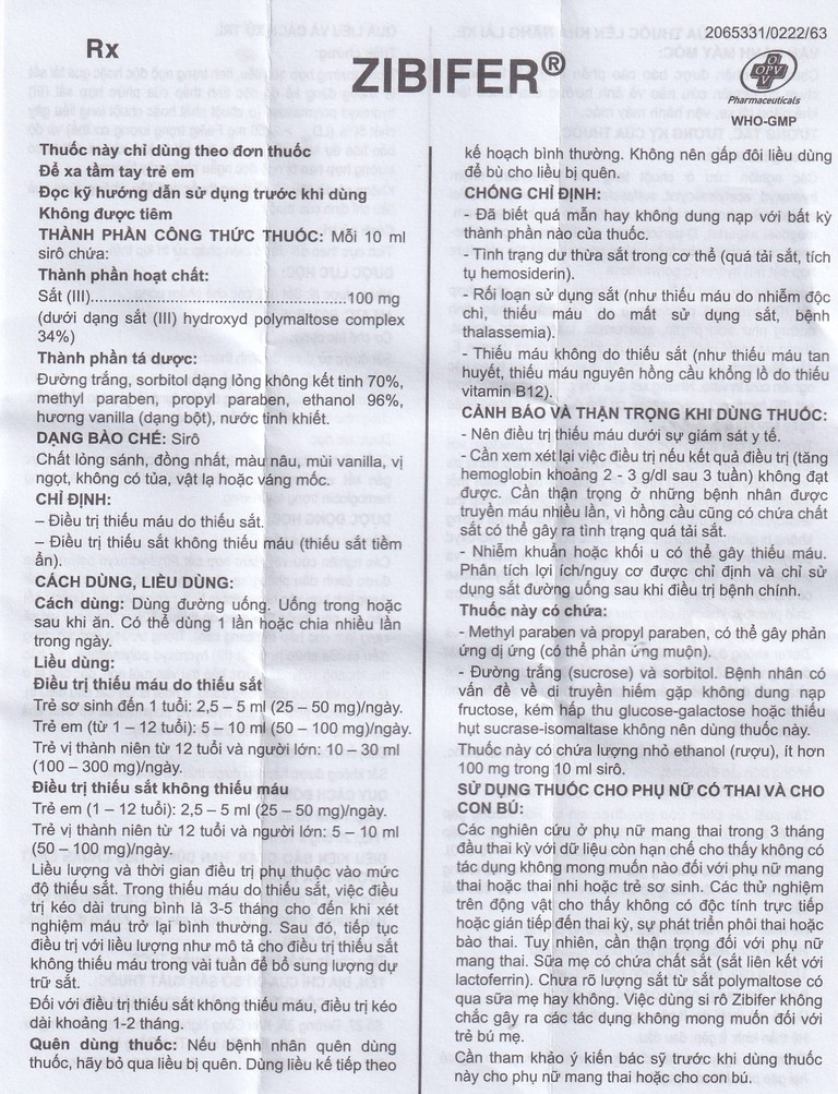 Thuốc Zibifer OPV Pharmaceutical điều trị thiếu máu do thiếu sắt và thiếu sắt không thiếu máu (60ml)
