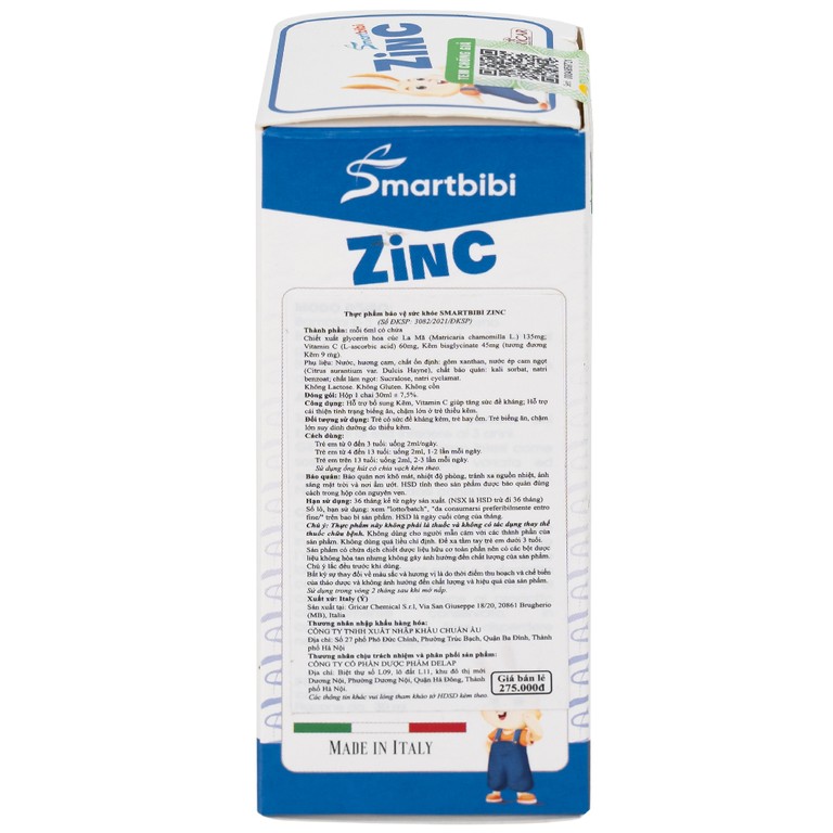 Siro Smartbibi Zinc GRICAR bổ sung kẽm, vitamin C giúp tăng sức đề kháng, cải thiện tình trạng biếng ăn (30ml)
