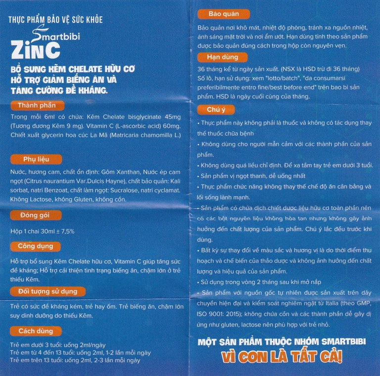 Siro Smartbibi Zinc GRICAR bổ sung kẽm, vitamin C giúp tăng sức đề kháng, cải thiện tình trạng biếng ăn (30ml)