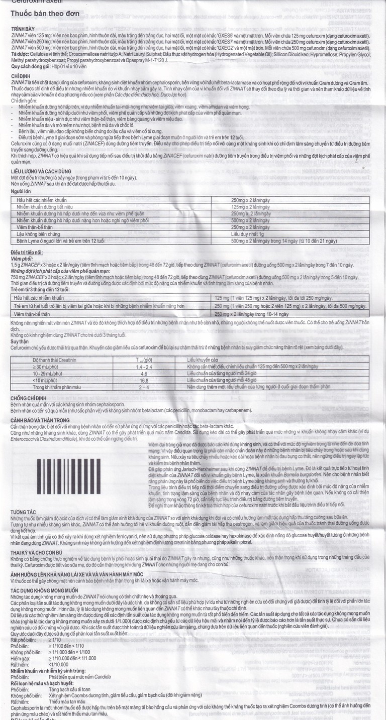 Thuốc Zinnat 250mg GSK điều trị nhiễm khuẩn (1 vỉ x 10 viên)