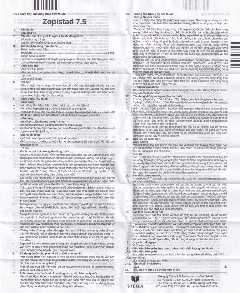 Thuốc Zopistad 7.5 Stella hỗ trợ điều trị ngắn hạn chứng mất ngủ (1 vỉ x 10 viên)