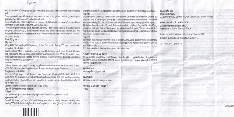 Thuốc Zyrtec GSK giảm viêm mũi dị ứng, mày đay tự phát, mạn tính (1 vỉ x 10 viên)