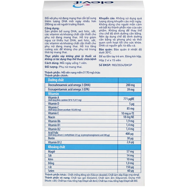 Elevit Dha Pregnancy bổ sung DHA, axit folic, sắt (2 vỉ x 15 viên)