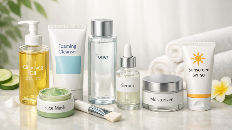 Một bộ skincare cơ bản gồm các bước chăm sóc da từ làm sạch đến bảo vệ.