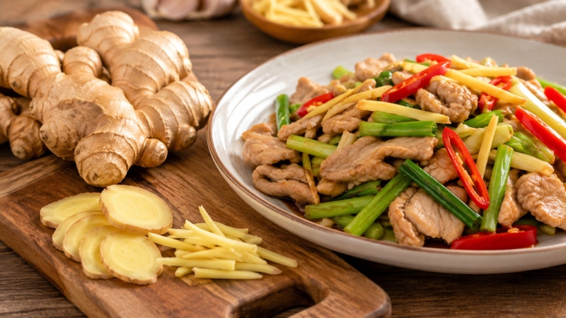 Gừng tươi giúp món xào thơm hơn và hỗ trợ hạn chế phụ thuộc vào muối